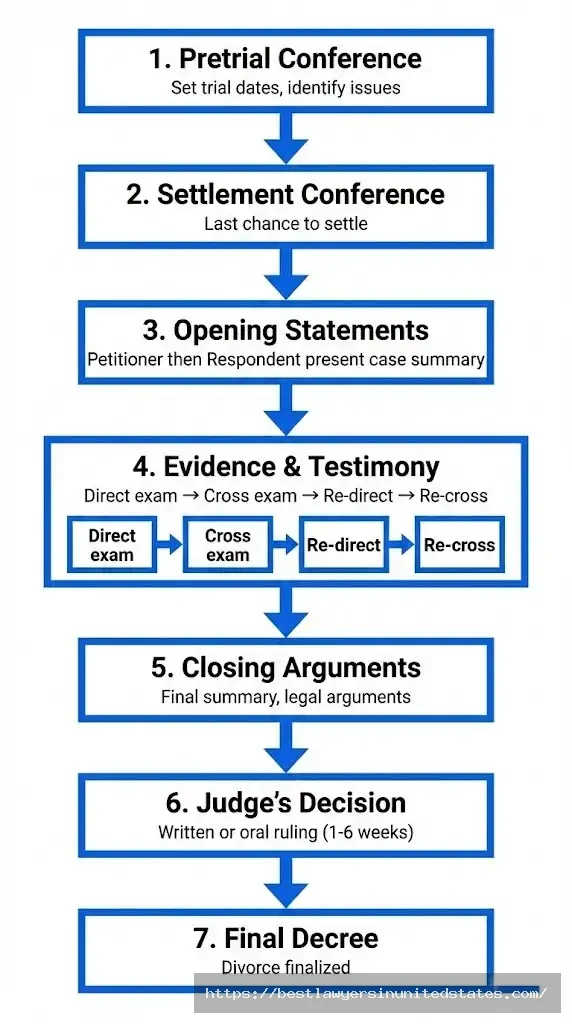 Divorce trial stages flowchart from pretrial conference through evidence presentation to final judge decision and decree