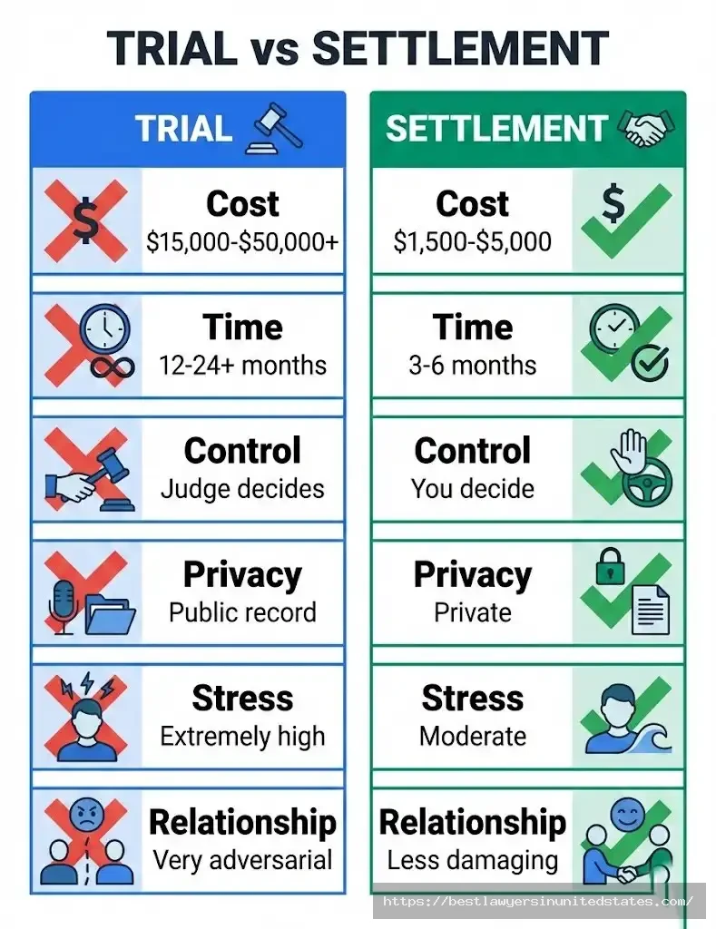 Divorce trial versus settlement comparison showing cost, time, control, and privacy differences between litigation and negotiation