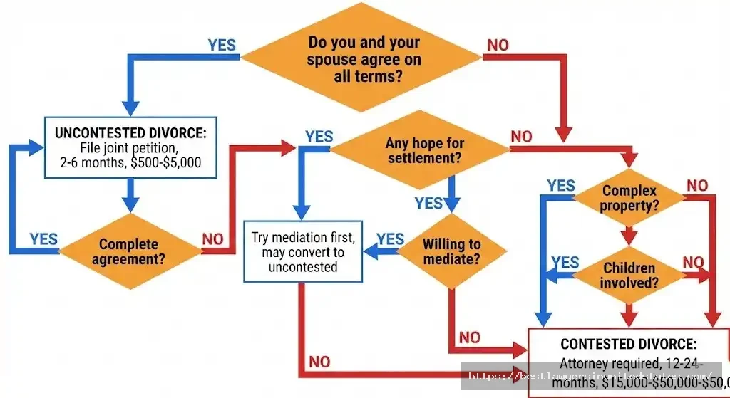 Divorce type decision flowchart helping determine if contested or uncontested divorce is right for your situation