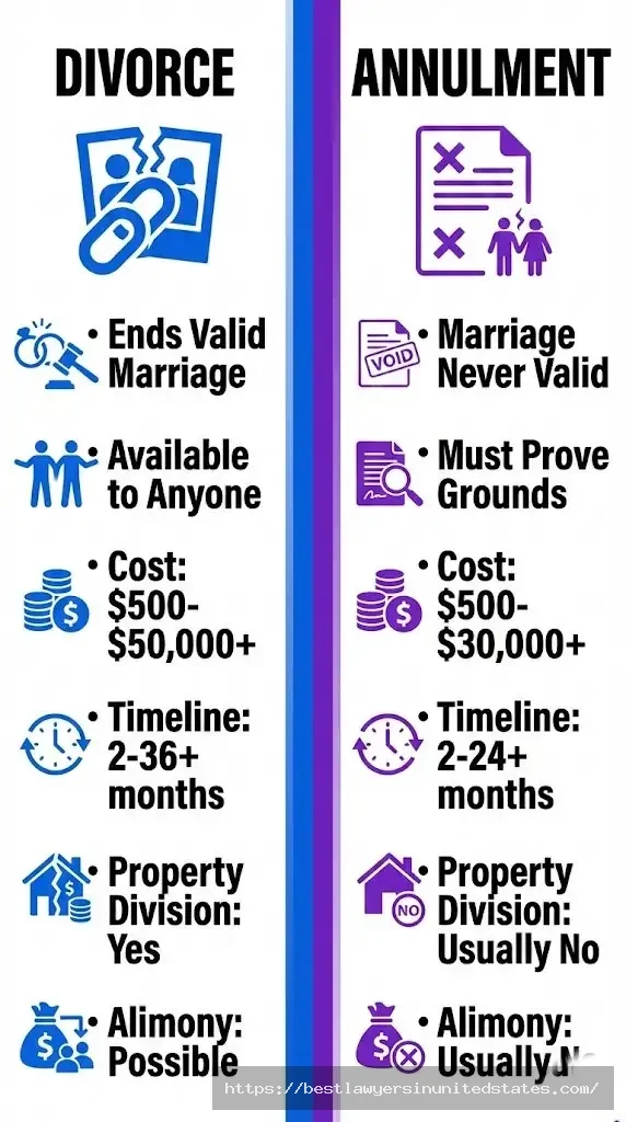 Divorce vs annulment comparison chart showing key legal differences, costs, and timelines for 2026