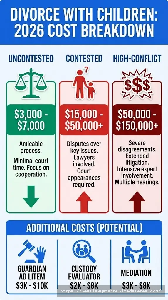Divorce with children cost breakdown 2026 showing uncontested contested and high-conflict custody battle expenses
