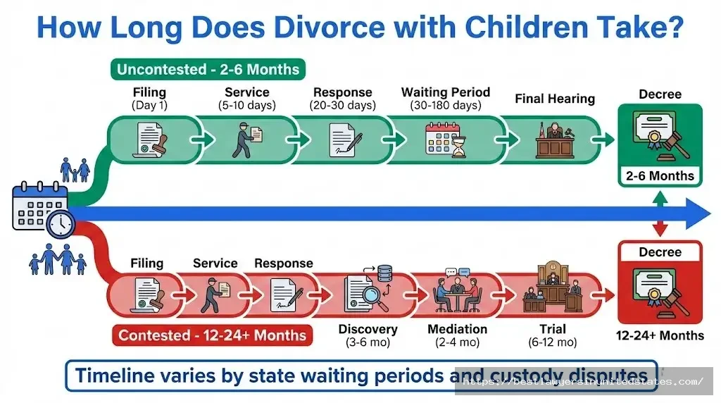 Divorce with children timeline showing uncontested 2-6 months versus contested 12-24 months process stages