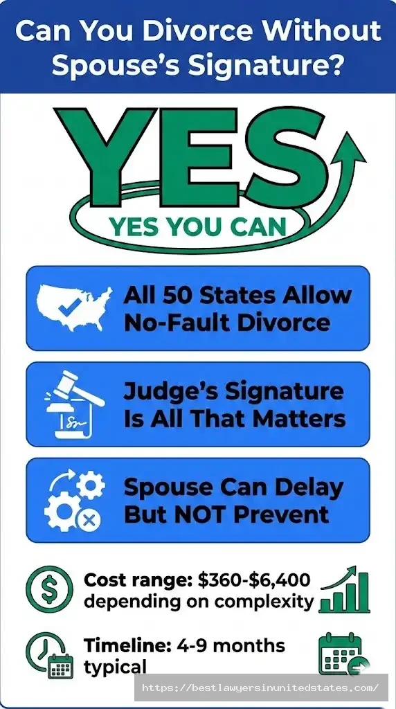 Divorce without spouse signature is possible in all 50 states - costs $360-$6,400 and takes 4-9 months