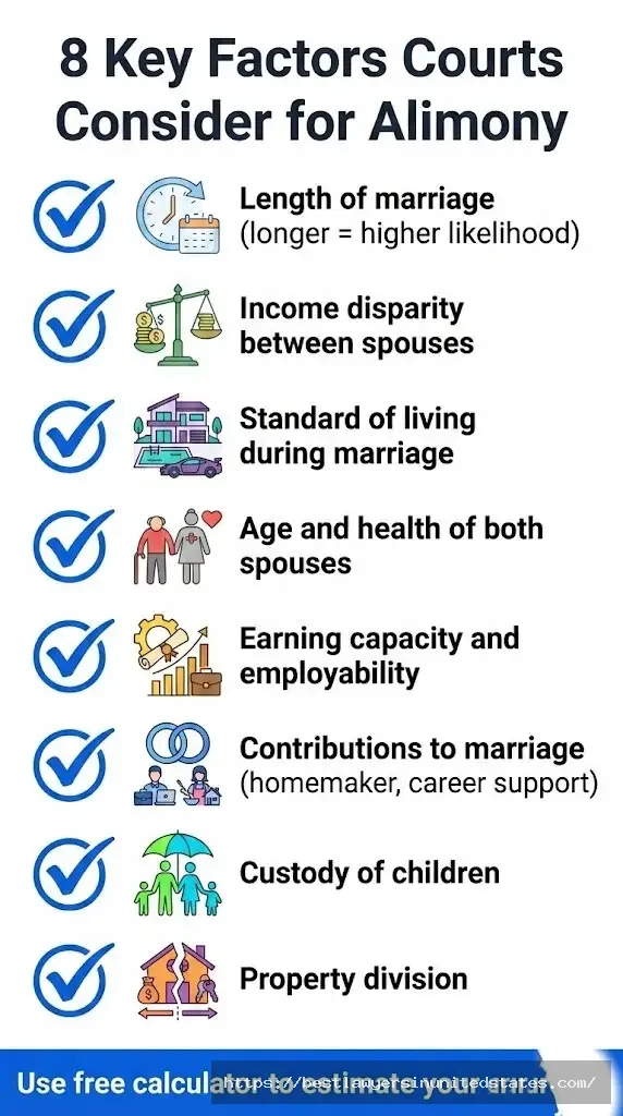 Eight key factors courts consider for alimony eligibility including marriage length, income disparity, and standard of living