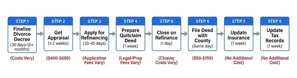 Eight-step timeline for transferring house ownership after divorce from decree to tax records update