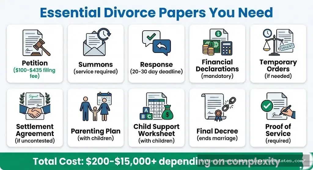 Essential divorce papers and documents needed for filing including petition, summons, financial forms, and final decree