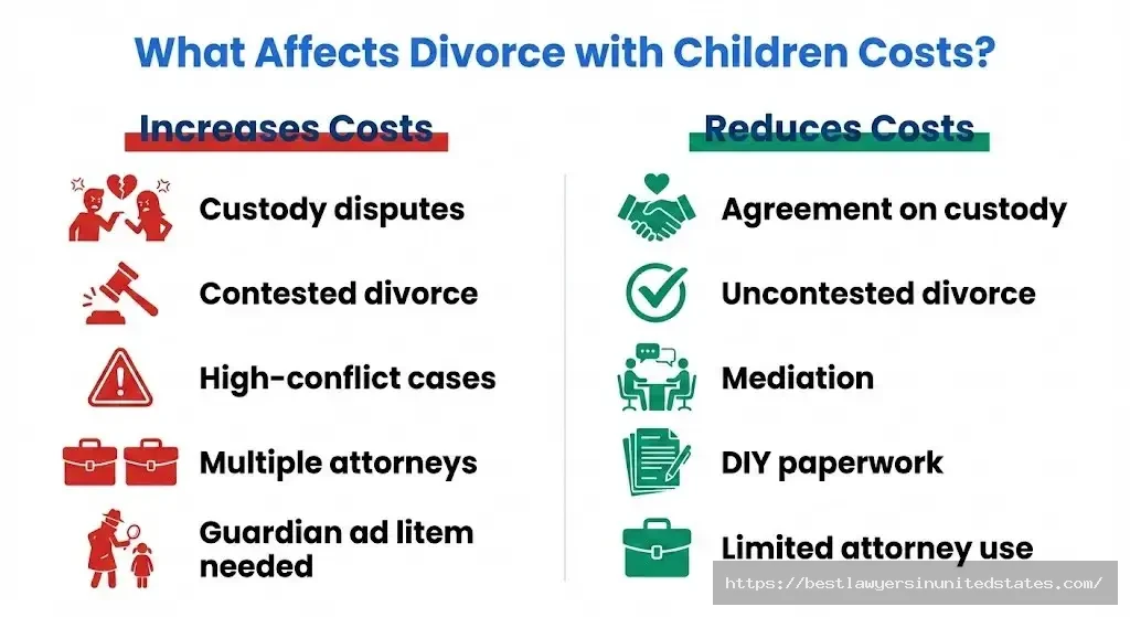 Factors affecting divorce with children costs showing what increases and decreases legal expenses