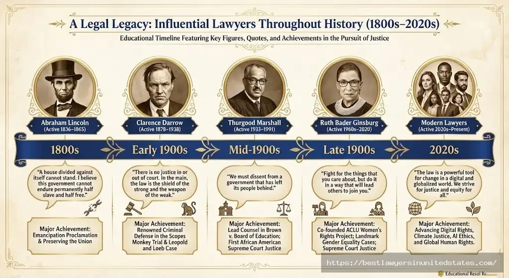 Famous lawyer timeline featuring Abraham Lincoln Clarence Darrow Thurgood Marshall and Ruth Bader Ginsburg quotes