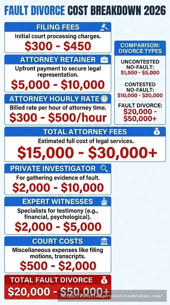 Fault divorce cost breakdown 2026 showing filing fees, attorney costs, investigation fees totaling $20,000-$50,000+