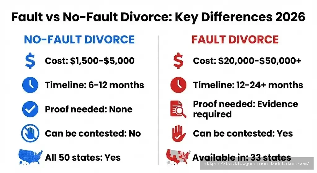 Fault divorce vs no-fault divorce comparison showing costs, timeline, and requirements in 2026