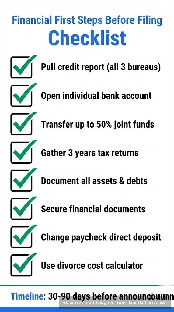 Financial preparation checklist for divorce including credit report, bank accounts, and document gathering