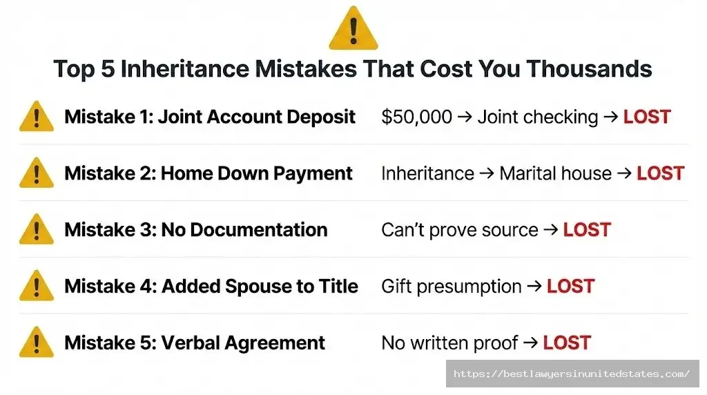 Five common inheritance mistakes in divorce joint accounts, home down payments, poor documentation, joint titling, verbal agreements