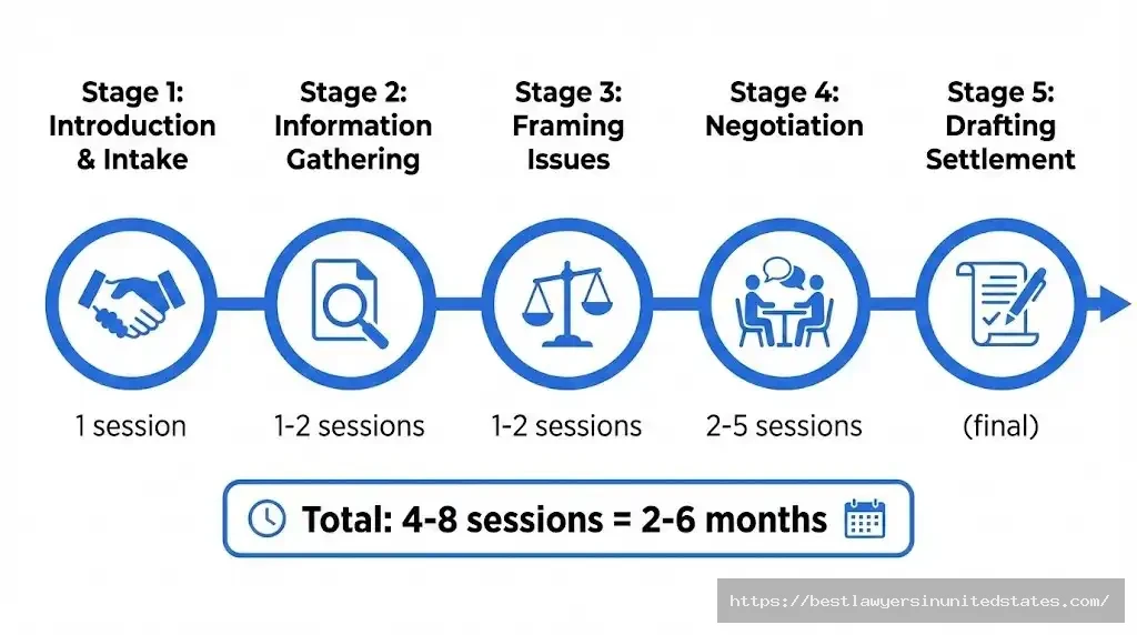 Five stages of divorce mediation timeline showing introduction, information gathering, framing, negotiation, and settlement drafting over 2-6 months