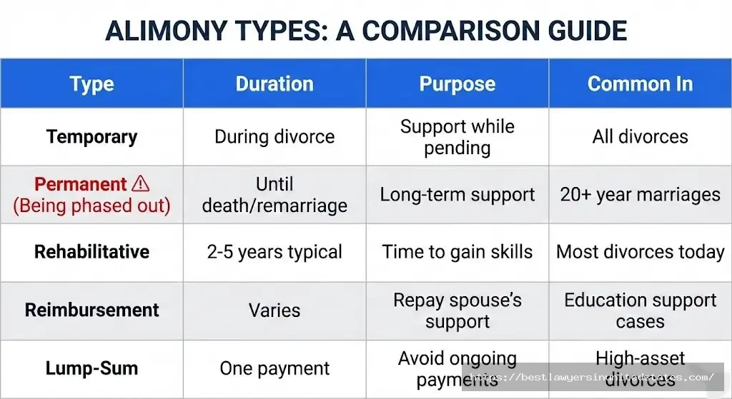 Five types of alimony comparison chart showing temporary, permanent, rehabilitative, reimbursement, and lump-sum spousal support