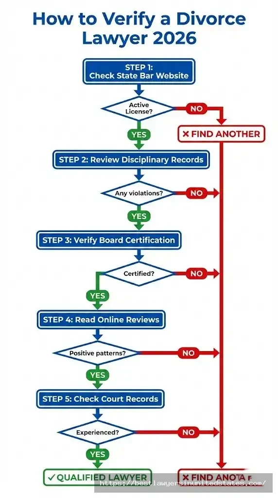 Flowchart showing 5-step process to verify divorce lawyer including bar license check, disciplinary records, and review verification