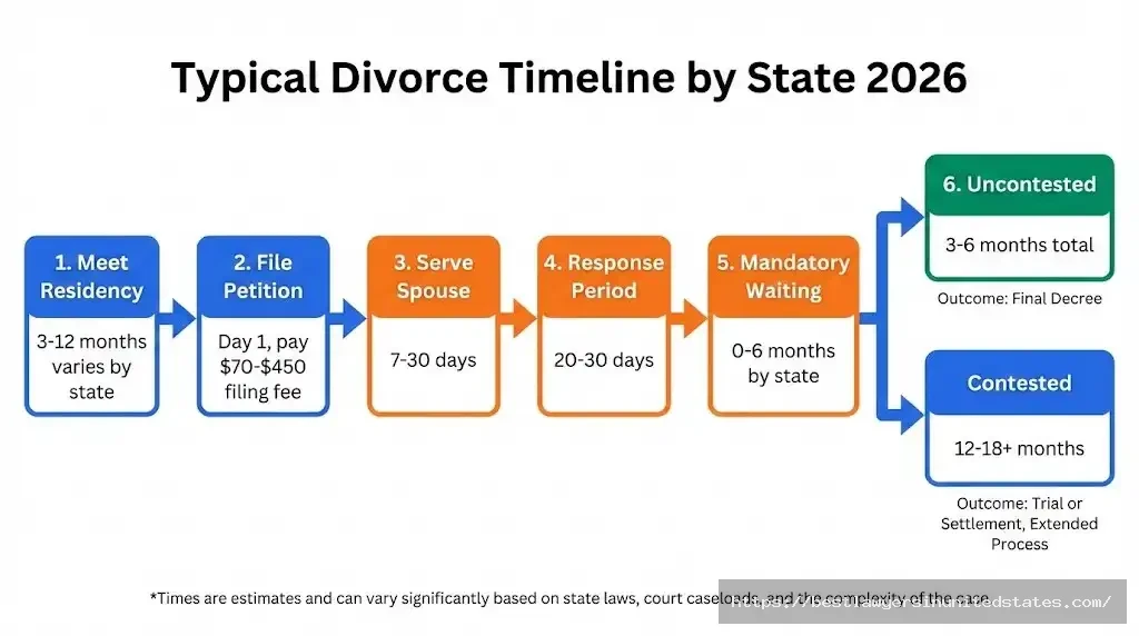 Flowchart showing divorce process timeline from filing to finalization, 3-6 months uncontested or 12-18 months contested