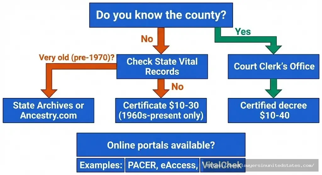 Flowchart showing step-by-step process for finding divorce records from court clerks, state offices, or online
