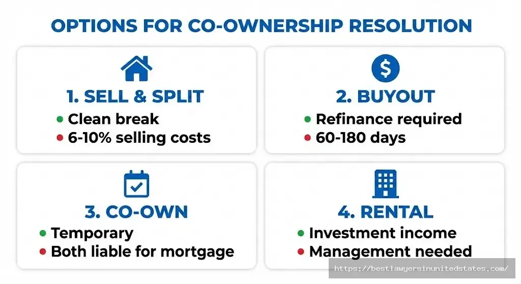 Four options for dividing house in divorce sell and split proceeds, one spouse buyout, temporary co-ownership, convert to rental