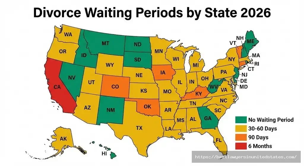 Heat map showing divorce waiting periods by state from 0 to 6 months, California has longest wait 2026