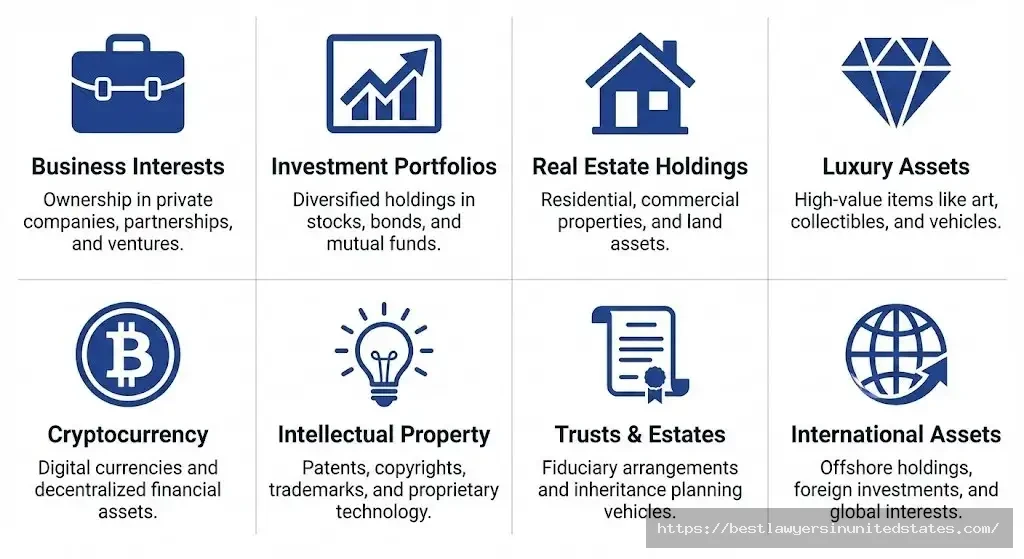 High net worth divorce asset types including businesses, investments, real estate, luxury items, and cryptocurrency