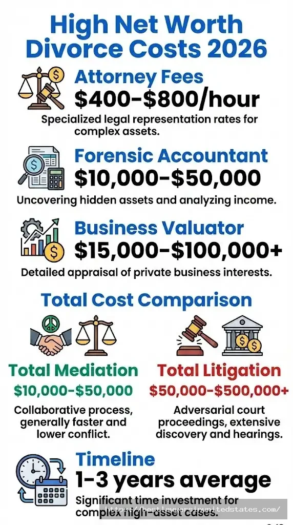 High net worth divorce cost breakdown 2026 showing attorney fees, expert costs, and total litigation expenses