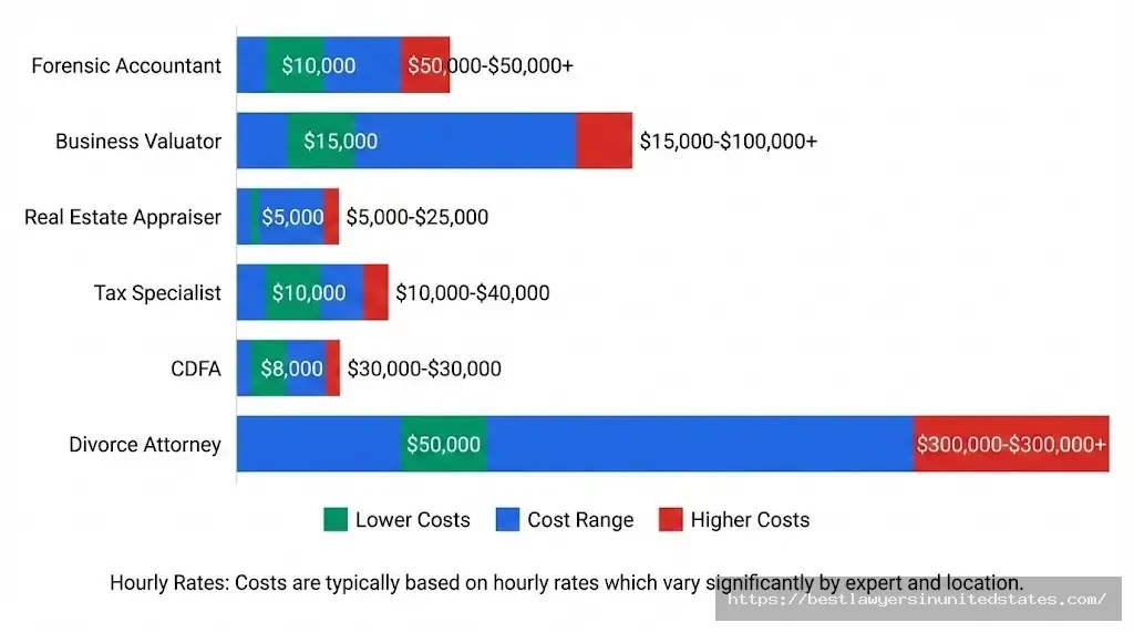 High net worth divorce expert costs showing forensic accountant, business valuator, and attorney fee ranges