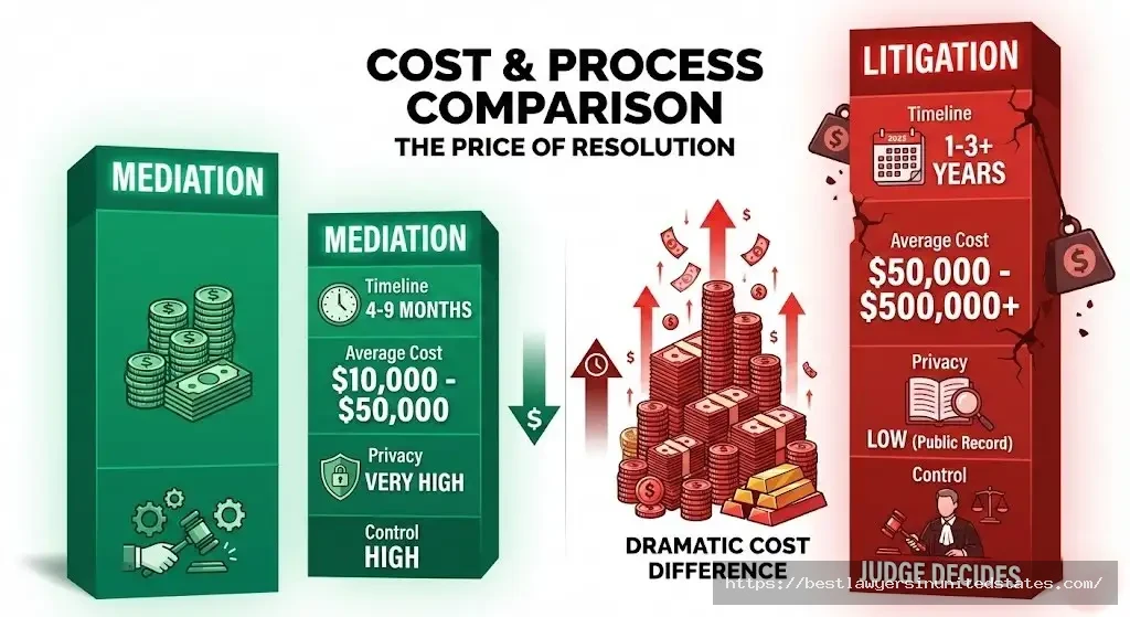 High net worth divorce mediation vs litigation comparison showing cost difference of $10K-$50K vs $50K-$500K+