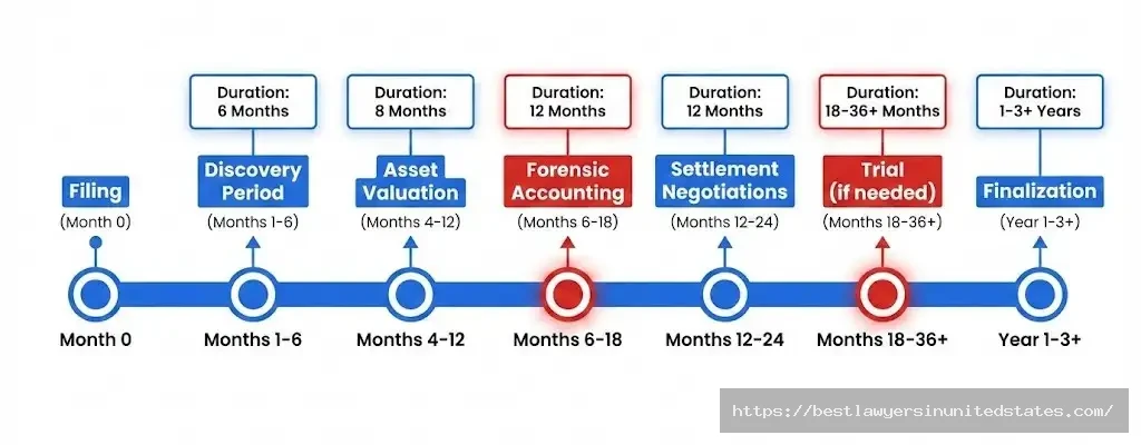 High net worth divorce timeline showing 1-3 year process from filing through asset valuation to finalization