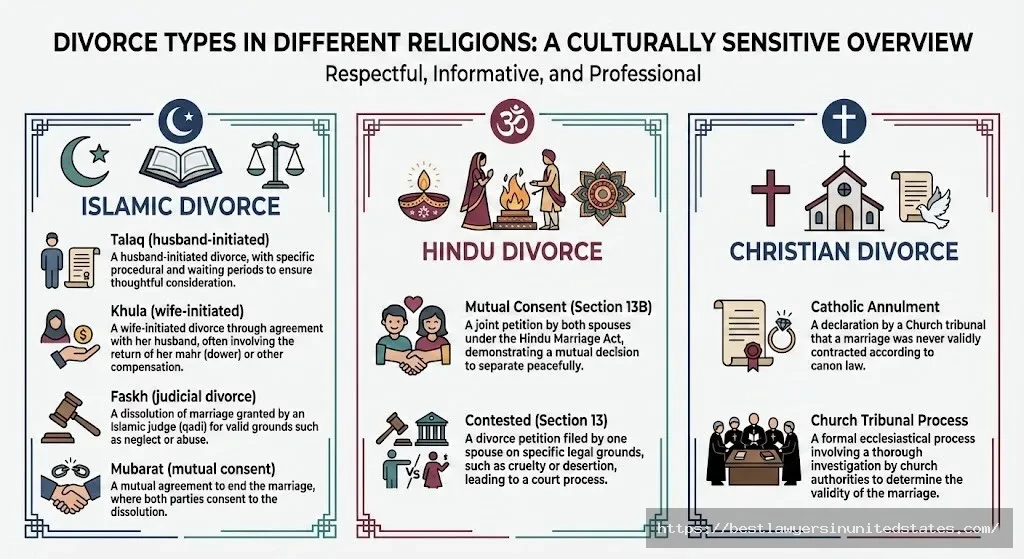 Infographic explaining Islamic divorce types (talaq, khula, faskh), Hindu divorce, and Christian annulment processes