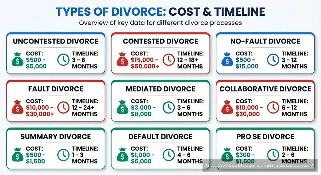 Infographic showing 9 types of divorce with costs and timelines uncontested, contested, mediated, collaborative, summary, default, pro se