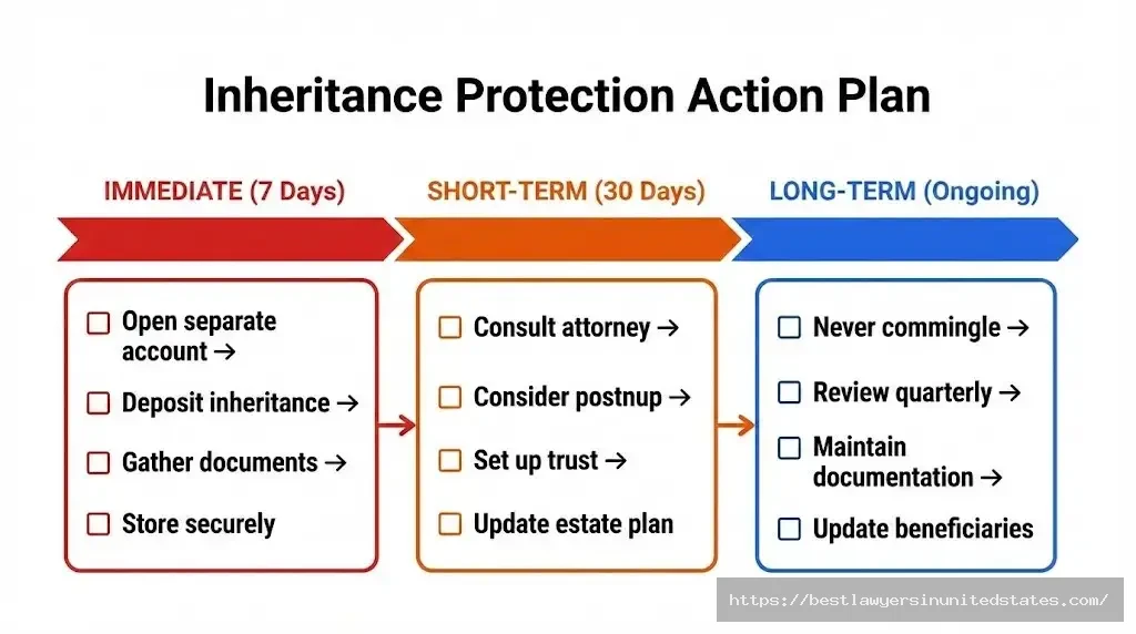 Inheritance protection timeline showing immediate 7-day actions, 30-day planning, and ongoing maintenance strategies