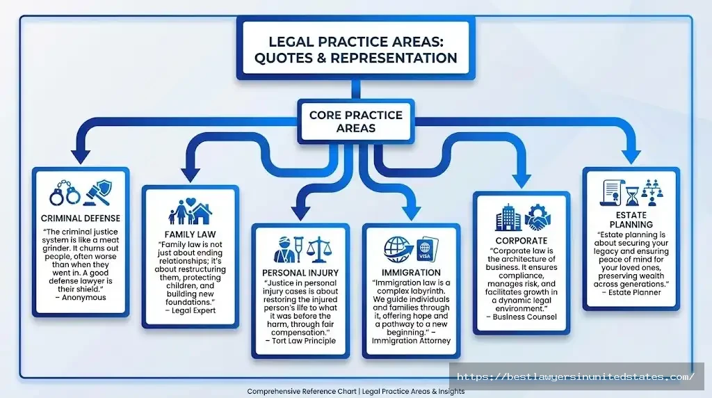 Lawyer quotes organized by practice area including criminal defense family law and personal injury