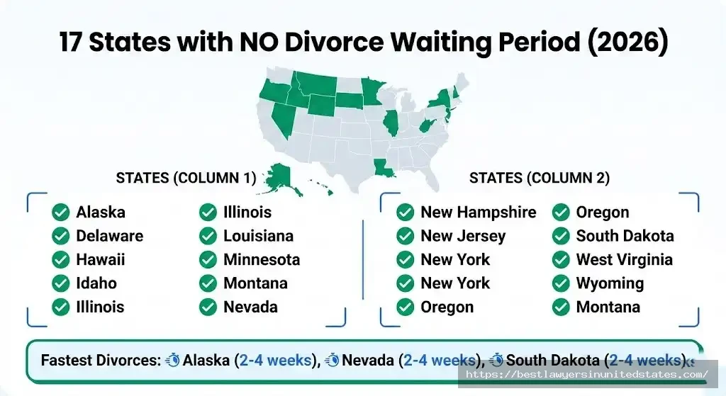 List of 17 US states with no mandatory divorce waiting period including Alaska Nevada and South Dakota