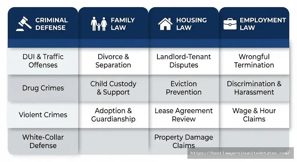 Major legal practice areas covered criminal defense, family law, housing, and employment