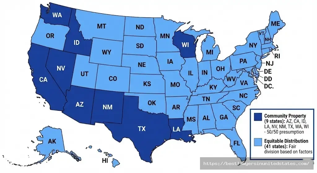 Map showing 9 community property states versus 41 equitable distribution states for divorce house division