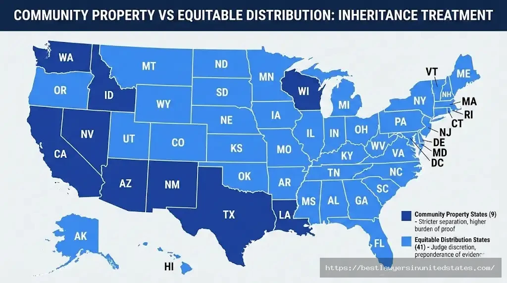 Map showing 9 community property states versus 41 equitable distribution states for inheritance division in divorce