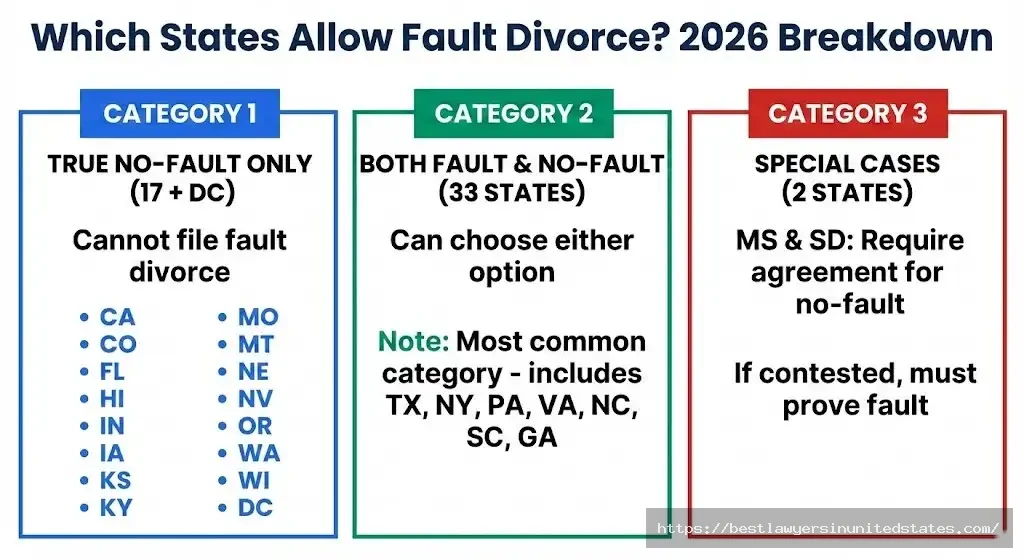 Map showing which US states allow fault divorce in 2026 17 no-fault only, 33 mixed, and 2 special cases