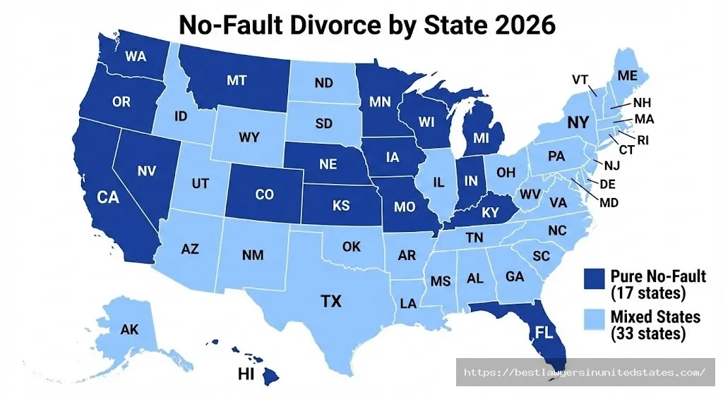 Map showing which US states are pure no-fault divorce states vs mixed states in 2026