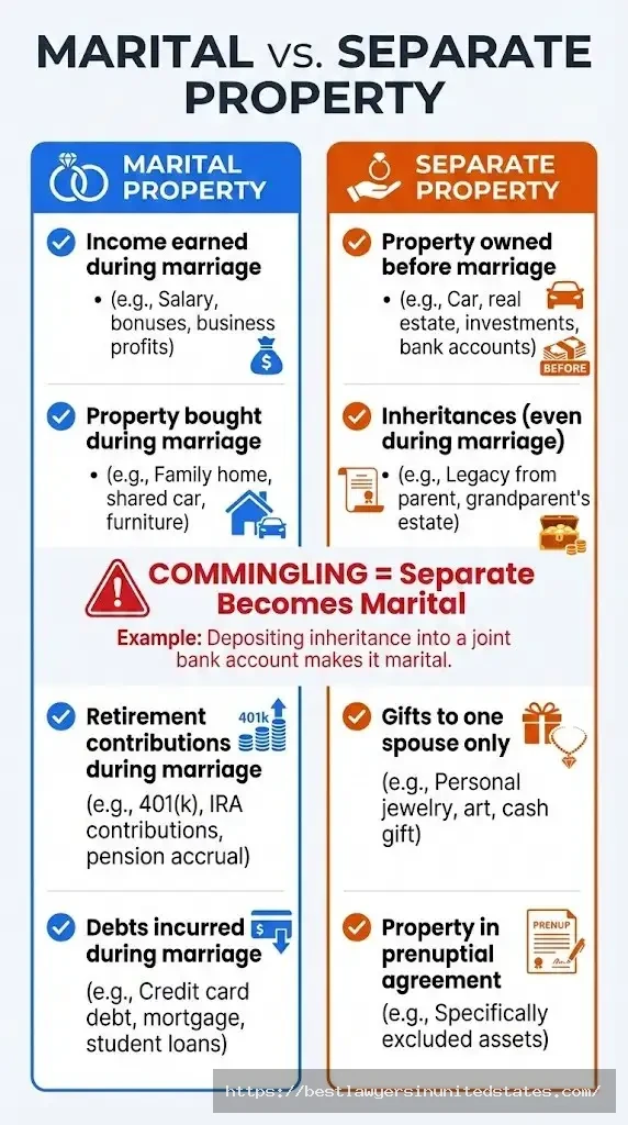 Marital property vs separate property classification chart divorce asset division examples