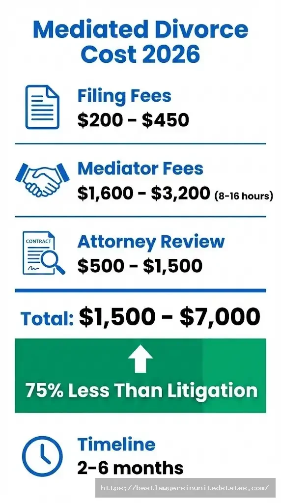 Mediated divorce cost breakdown 2026 showing $1,500-$7,000 total with filing fees, mediator fees, and attorney review costs