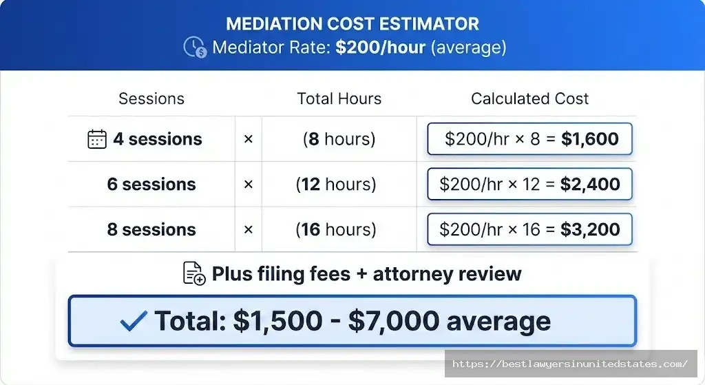 Mediation cost calculator showing sessions ranging from $1,600 for 4 sessions to $3,200 for 8 sessions at $200 per hour
