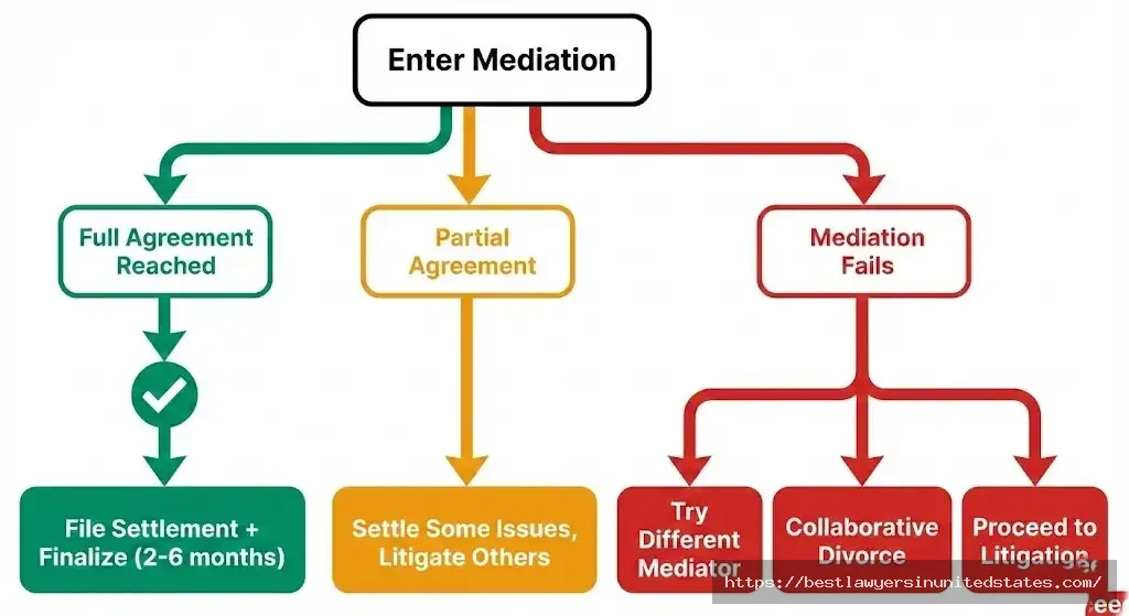 Mediation outcome flowchart showing paths for full agreement, partial settlement, or failed mediation with next steps