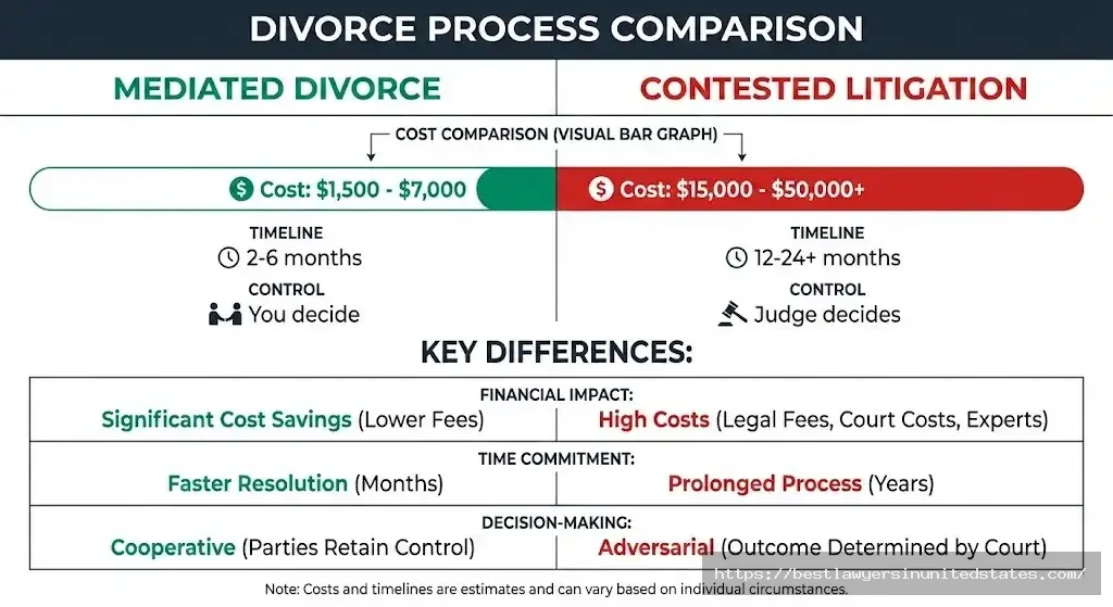 Mediation vs litigation cost comparison showing mediated divorce costs $1,500-$7,000 versus contested litigation $15,000-$50,000+