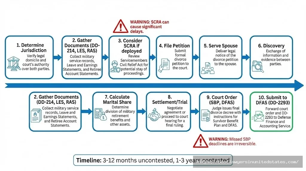 Military divorce process timeline showing 10 steps from jurisdiction to DFAS submission with 3-12 month timeline