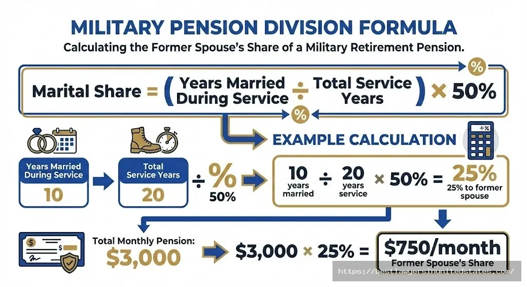 Military retirement division formula showing marital share calculation example with 10-year marriage during 20-year career