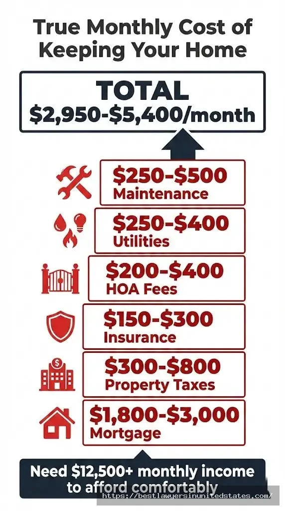 Monthly housing costs after divorce breakdown mortgage, taxes, insurance, utilities, maintenance totaling $2,950-$5,400