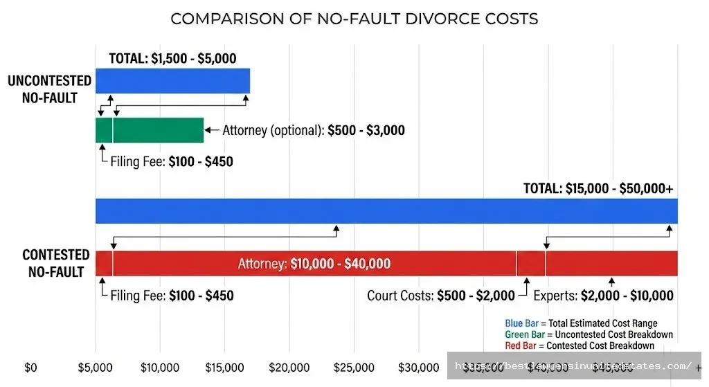 No-fault divorce cost breakdown showing uncontested costs $1,500-$5,000 vs contested costs $15,000-$50,000 plus