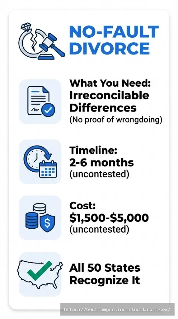 No-fault divorce infographic showing definition, requirements, and timeline across United States