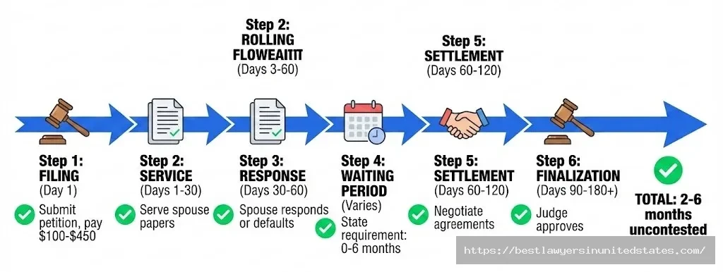 No-fault divorce timeline flowchart showing 6 steps from filing to finalization taking 2-6 months for uncontested cases