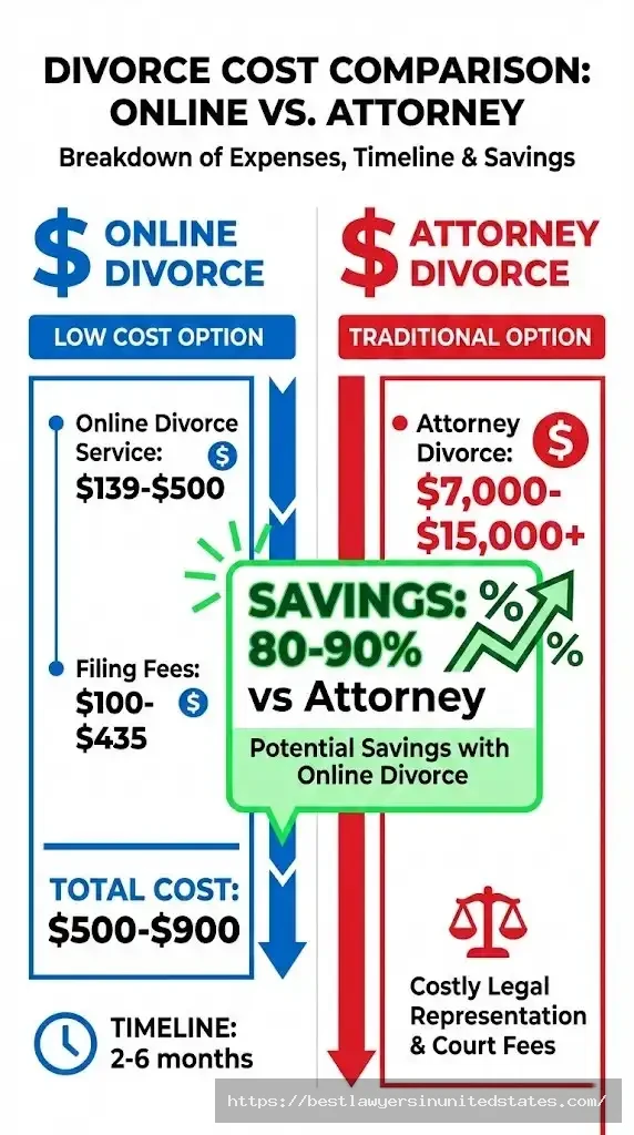 Online divorce costs $500-$900 vs attorney divorce $7,000-$15,000 comparison chart showing 80-90% savings